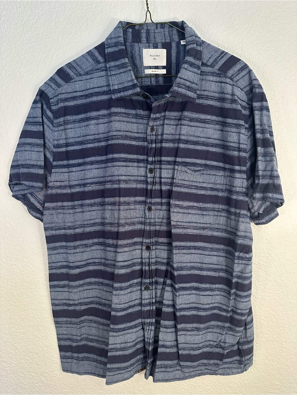 Billy Reid Shirt Men’s XXL Blue Navy Striped Short Sleeve Button Up Relaxed Fit